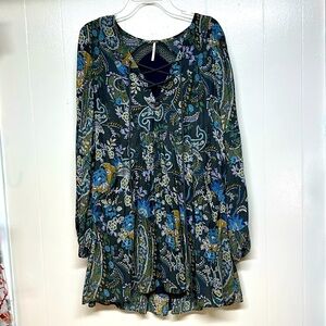 Free People Rain or Shine Gray Paisley Lace Up Tunic Dress XS EUC